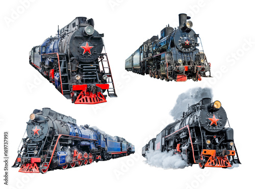 Set of isolated train locomotives railway on white background