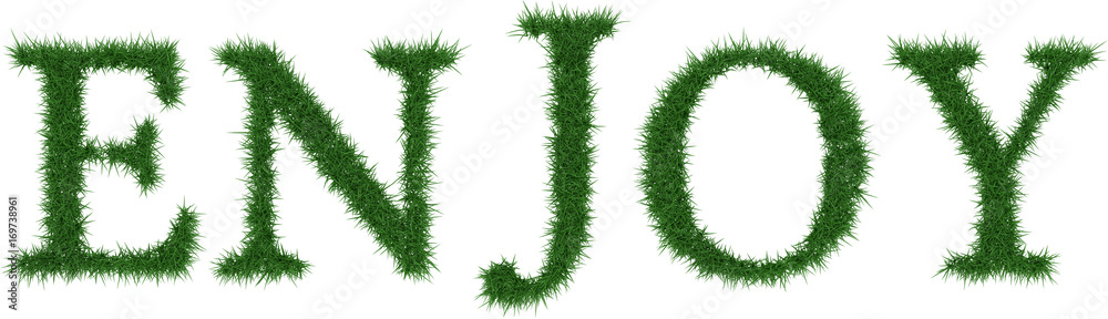 Enjoy - 3D rendering fresh Grass letters isolated on whhite background. Enjoy - 3D rendering fresh Grass letters isolated on whhite background.