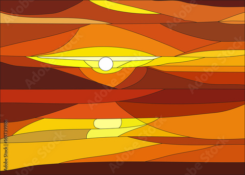 Vector illustration of sunset with clouds in stained glass window.