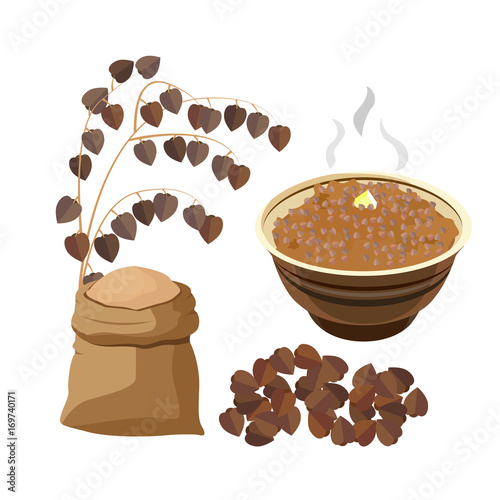 illustration of boiled buckwheat porridge with butter in bowl