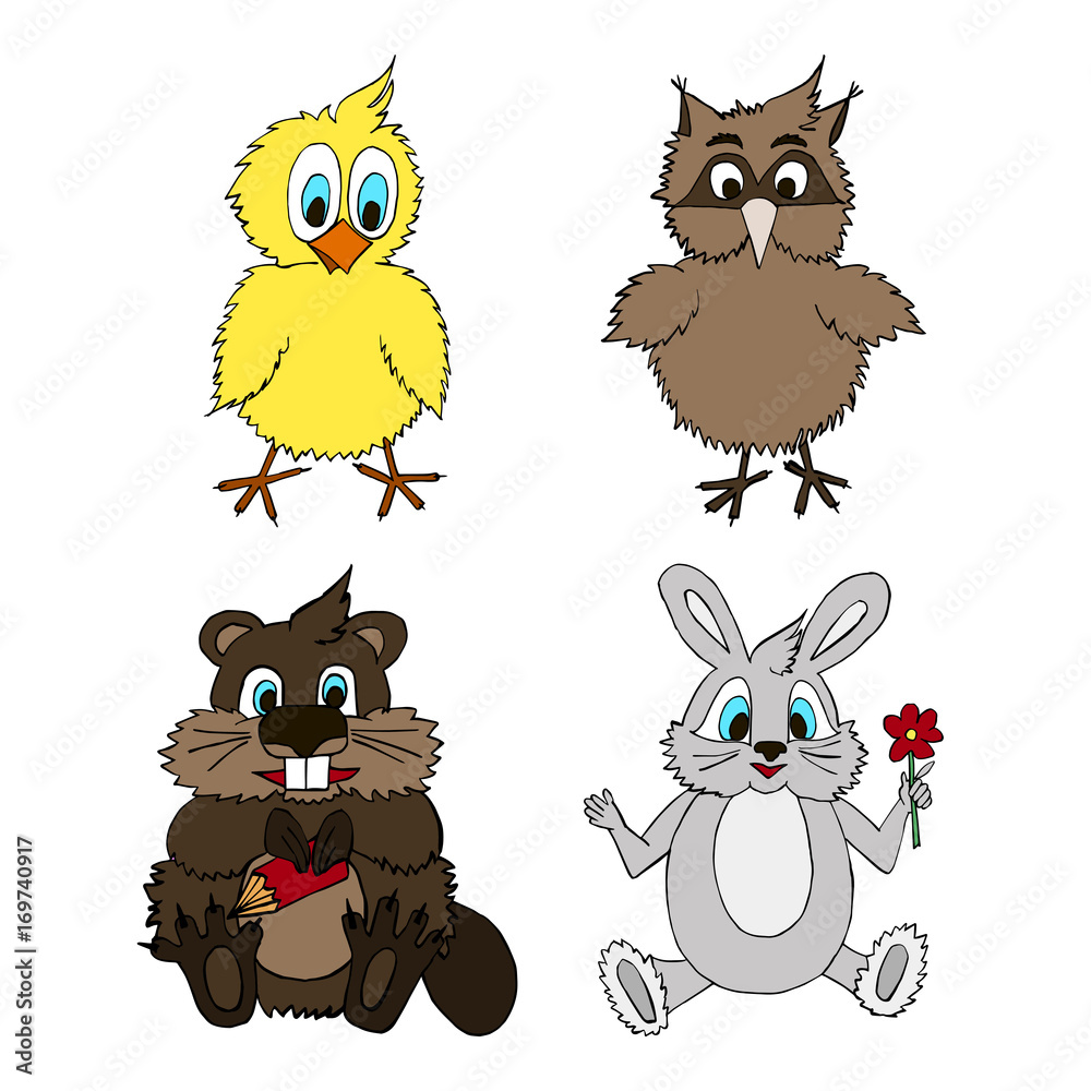 Fototapeta premium Fluffy animals. Chicken, owl, badger, hare colored on a white background.