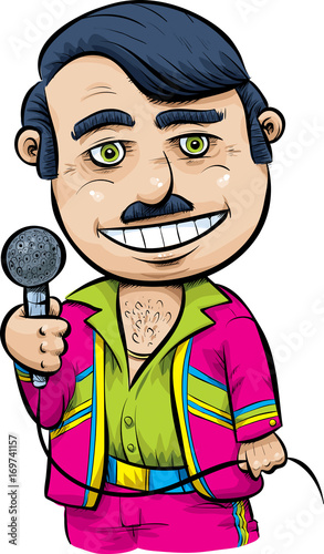 A happy cartoon man wearing a bright suit and holding a microphone.