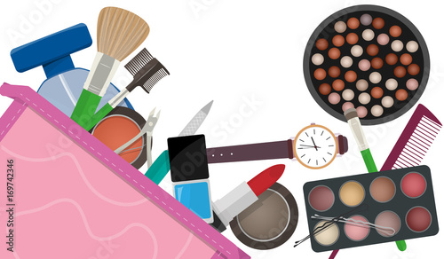 a set of cosmetics and makeup accessories