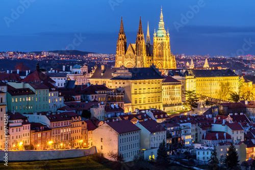 Prague Castle complex with gothic St Vitus Cathedral, Hradcany, Prague, Czech Republic. UNESCO World Heritage. Panoramic aerial shot from Petrin Hill. © daliu