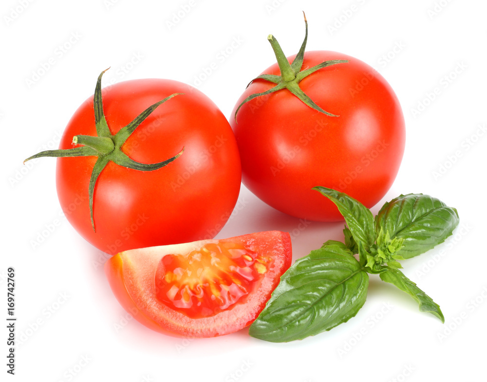 tomato with basil leaf isolated on white background tomato with basil leaf isolated on white background