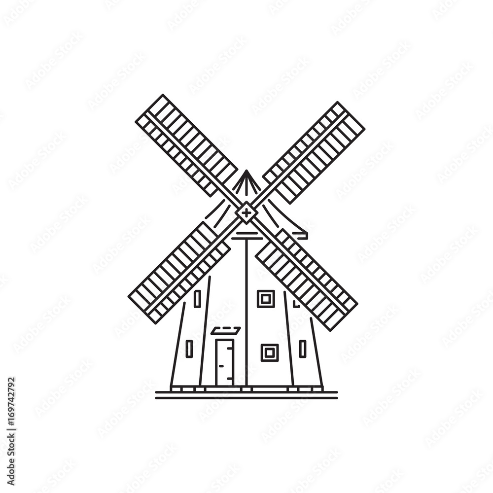 Linear icon in a outline style windmill isolated on a white background. Mill building for grinding grain into flour. Village farm buildings. Linear icon in a outline style windmill isolated on a white background. Mill building for grinding grain into flour. Village farm buildings.