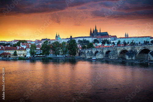 Fantastic natural phenomena summer storm over Charles bridge  Prague castle and Vltava river in Prague  Czech Republic