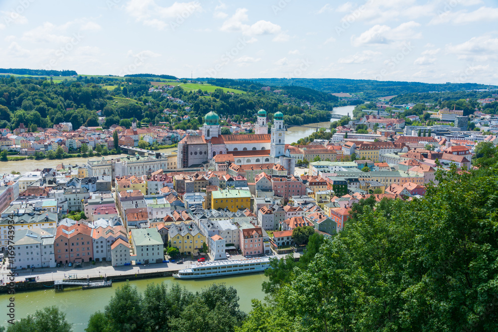 aerial of Passau cathedral at danube river