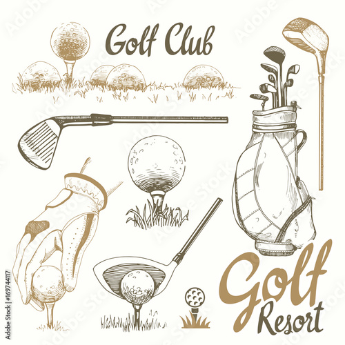 Golf set with basket, shoes, putter, ball, gloves, flag, bag. Vector set of hand-drawn sports equipment. Illustration in sketch style on white background. Handwritten ink lettering.