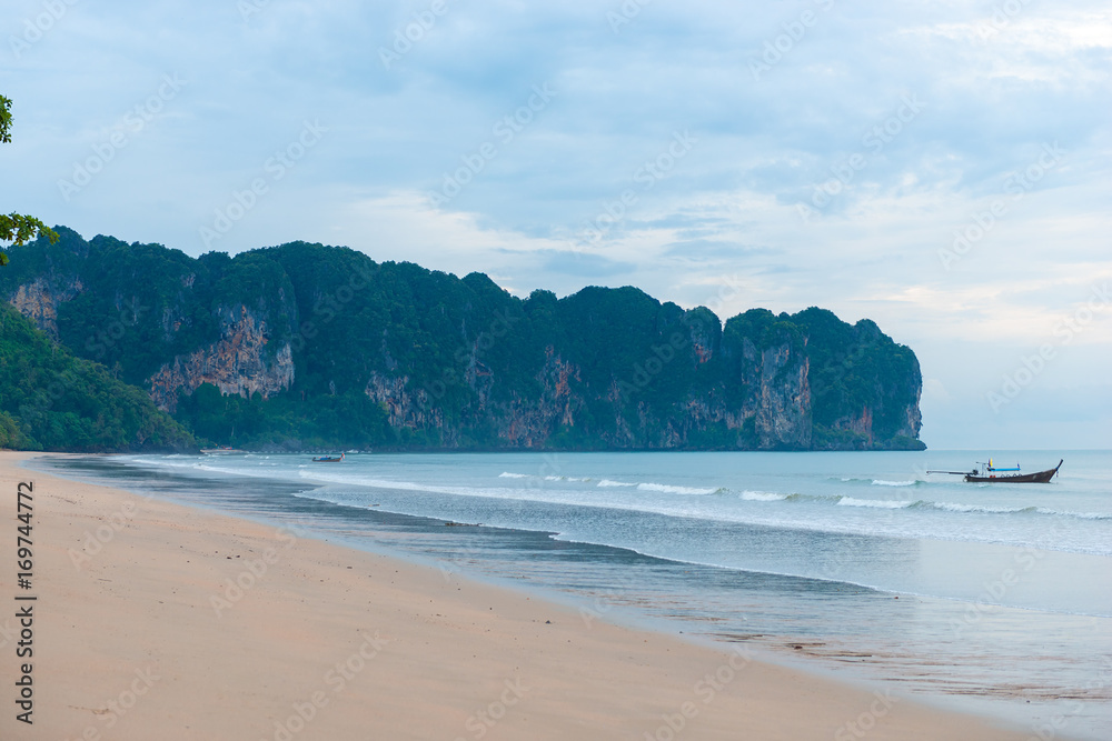 Beach krabi Thailand on a cloudy day and a view of the mountains
