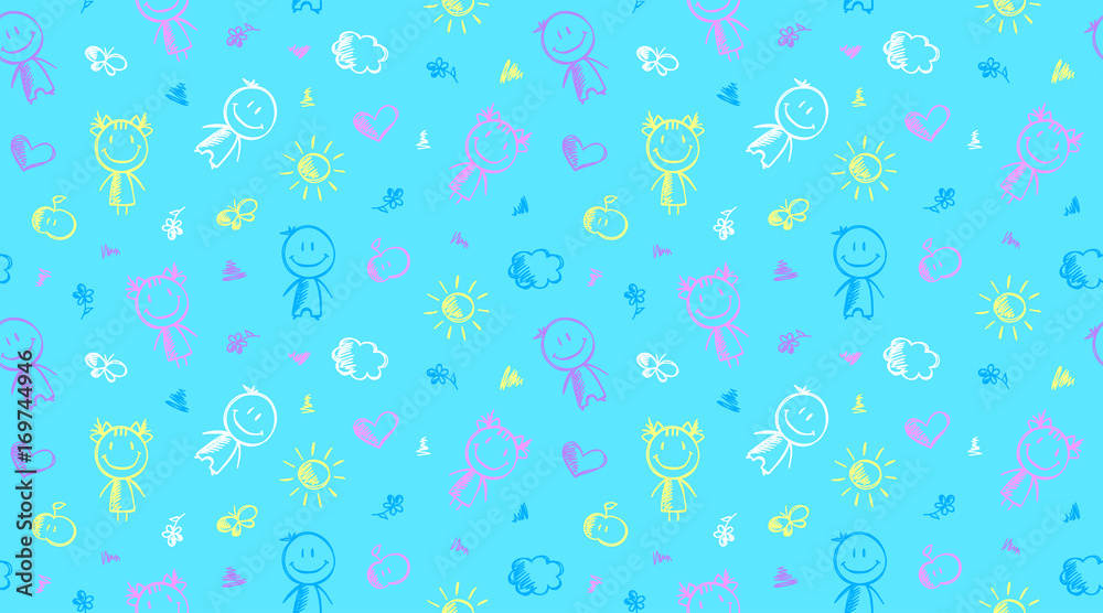 hand drawn seamless pattern with boy, girl, heart, sun, cloud, apple and butterfly hand drawn seamless pattern with boy, girl, heart, sun, cloud, apple and butterfly