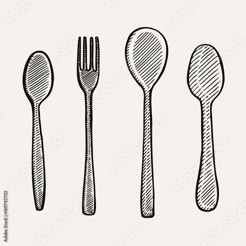 Vector illustration gravure cutlery fork, spoon. Black on white background