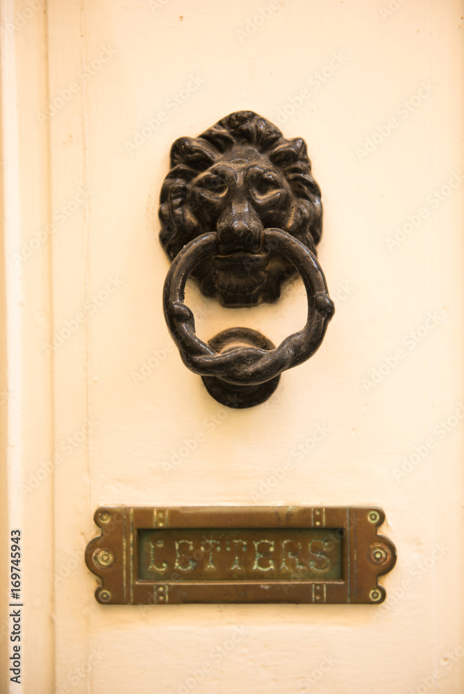 Obraz premium Old vintage lion head door knocker and letterbox