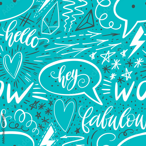 Calligraphy hand lettering seamless pattern. Positive signs, star, heart, speech bubbles, geometric forms. Perfect for print, textile, t-shirts, phone cases. Modern surface design. Vector illustration