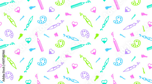 Hand drawn seamless pattern of art elements. Pen  pencil  brush  paint palette  heart and strokes.