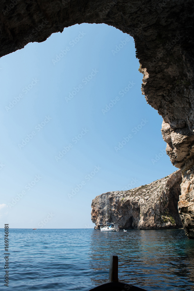 View from inside the Blue Grotto sea cave. Malta