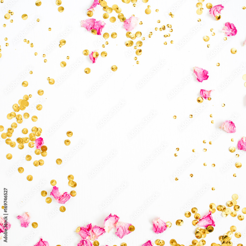 Mock up frame made of pink rose petals and golden confetti on white background. Flat lay, top view. Mock up frame made of pink rose petals and golden confetti on white background. Flat lay, top view.