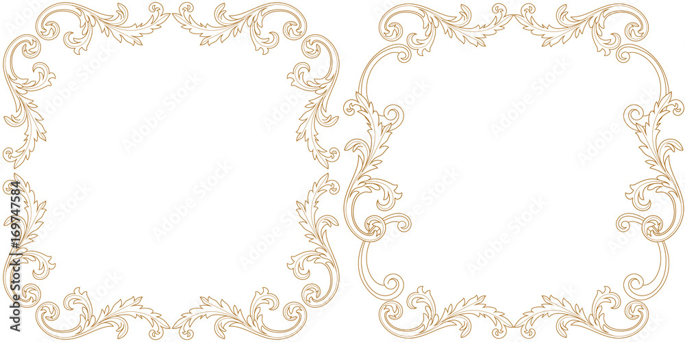 Set of golden vintage border frame engraving with retro ornament pattern in antique baroque style decorative design. Vector