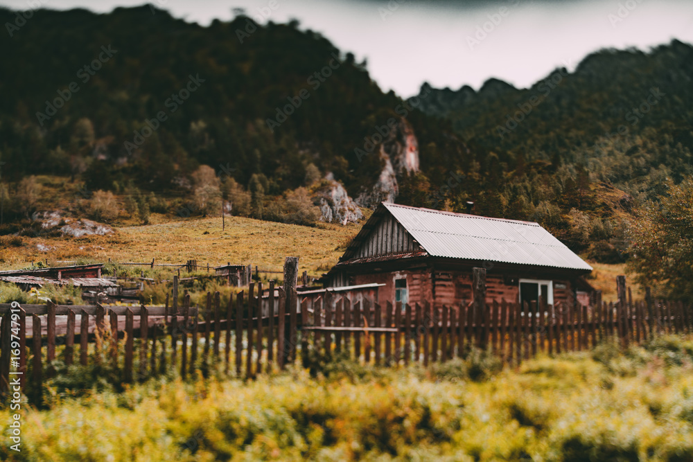 True tilt-shift view of old wooden rustic home in mountains settings with fence in foreground and forest on flank of hill in defocused background, autumn day, Altai mountains in Kuyus district, Russia