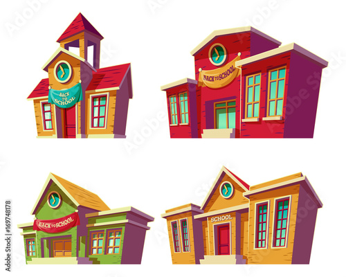 Set of vector illustrations cartoon of various color old, retro educational institutions, schools isolated on white background. Template, design element, print.