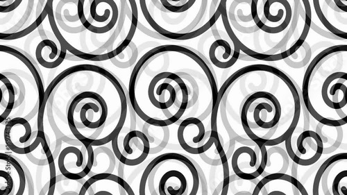 Animation background. Seamless pattern with black grey swirl ornament on white. Every sheet of this clip is a seamless pattern