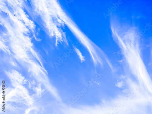 Cloudscape with white fluffy clouds on blue sky. Natural background.