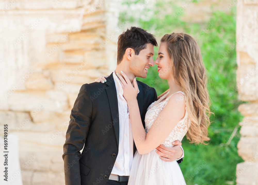 Bride and groom at wedding ceremony indoors