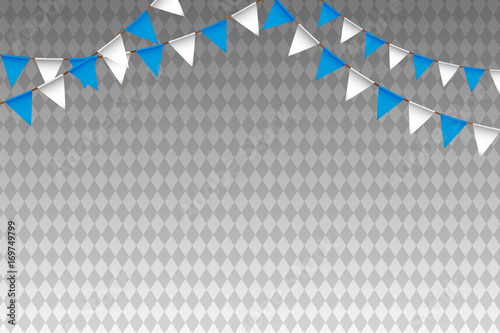 Oktoberfest - blue and white bunting flags on traditional background. Vector.