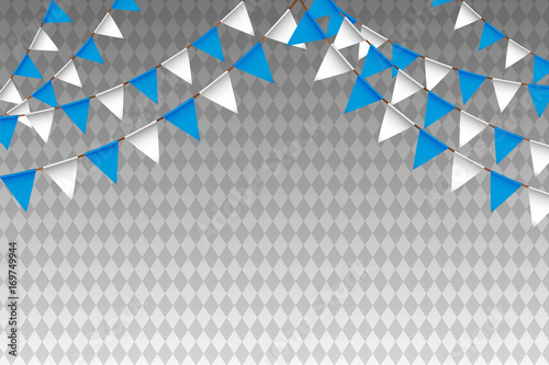 Oktoberfest - blue and white bunting flags on traditional background. Vector.