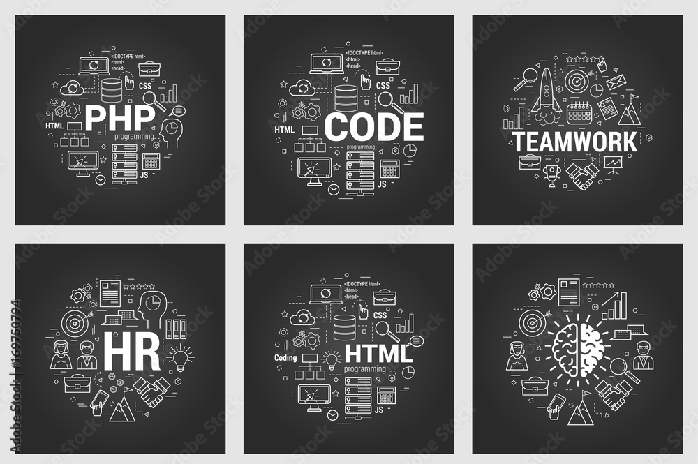 Html and teamwork - six square black concepts Html and teamwork - six square black concepts