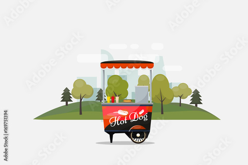 Hot dog cart, kiosk on wheels, retailers, fast snack breakfast, fast food and flat style, isolated on transparent background vector illustrations.