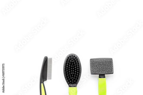 grooming tools for training pet and brushes on white background top view mock-up