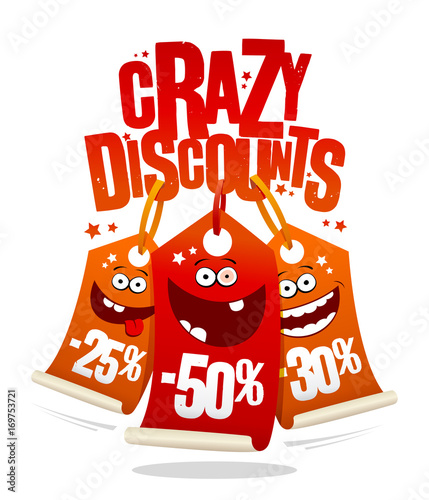 Crazy discounts sale banner, joyful smiling price tags