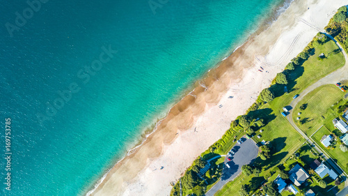 Auckland, New Zealand, aerial, drone, tide, sea, ocean, pacific, beach, shore, sand, tree, grass, park, recreation, environment, travel, holiday, sun, sunny, above, altitude, Coromandel, peninsula, is