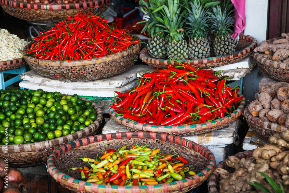 tropical spices and fruits sold at a Dong Xuan market in Hanoi (Vietnam)