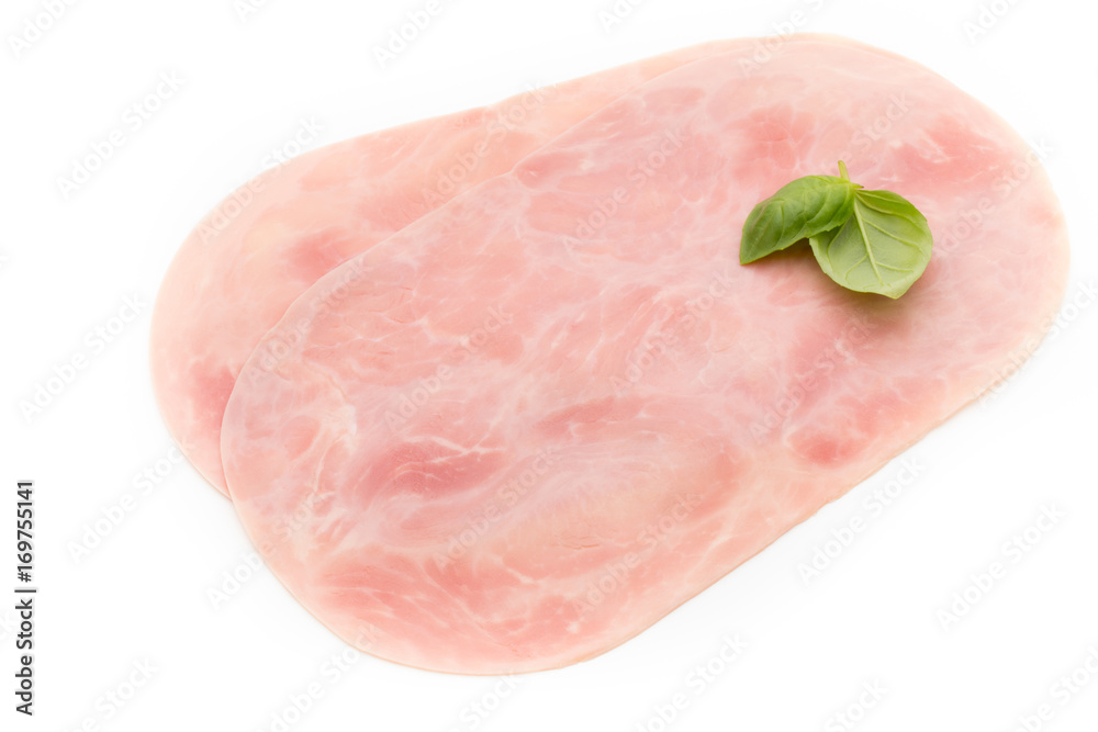 Thin slices of ham on white background. Thin slices of ham on white background.