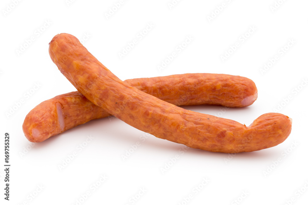 Stack of smoked sausages isolated on a white background. Stack of smoked sausages isolated on a white background.