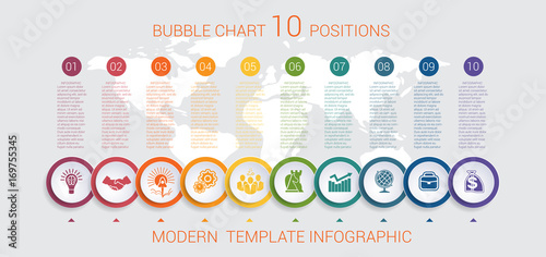 Charts infographic step by step 10 positions colorful bubbles