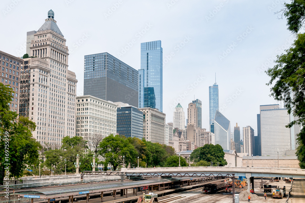 Chicago Downtown skyline with railroad yard under bridge. Chicago Downtown skyline with railroad yard under bridge.