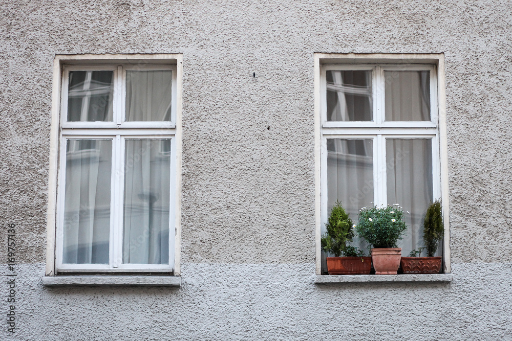 Two windows seen from the outside, one with flower pots and one without. 