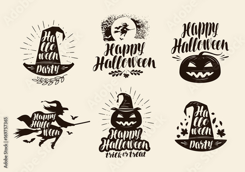 Halloween logo or label. Lettering, calligraphy vector illustration