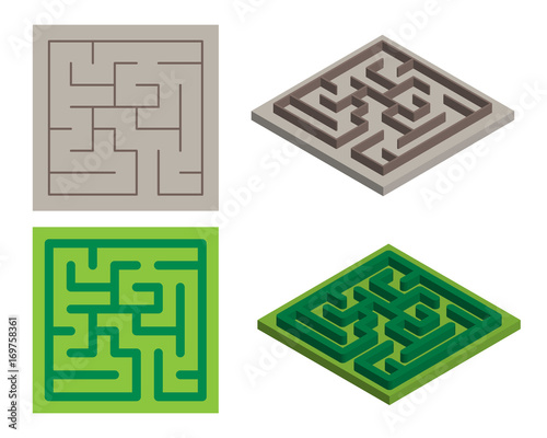 A simple square maze with one entrance, thin brown or thick green hedge walls, in isometric and top view, isolated vector on white background