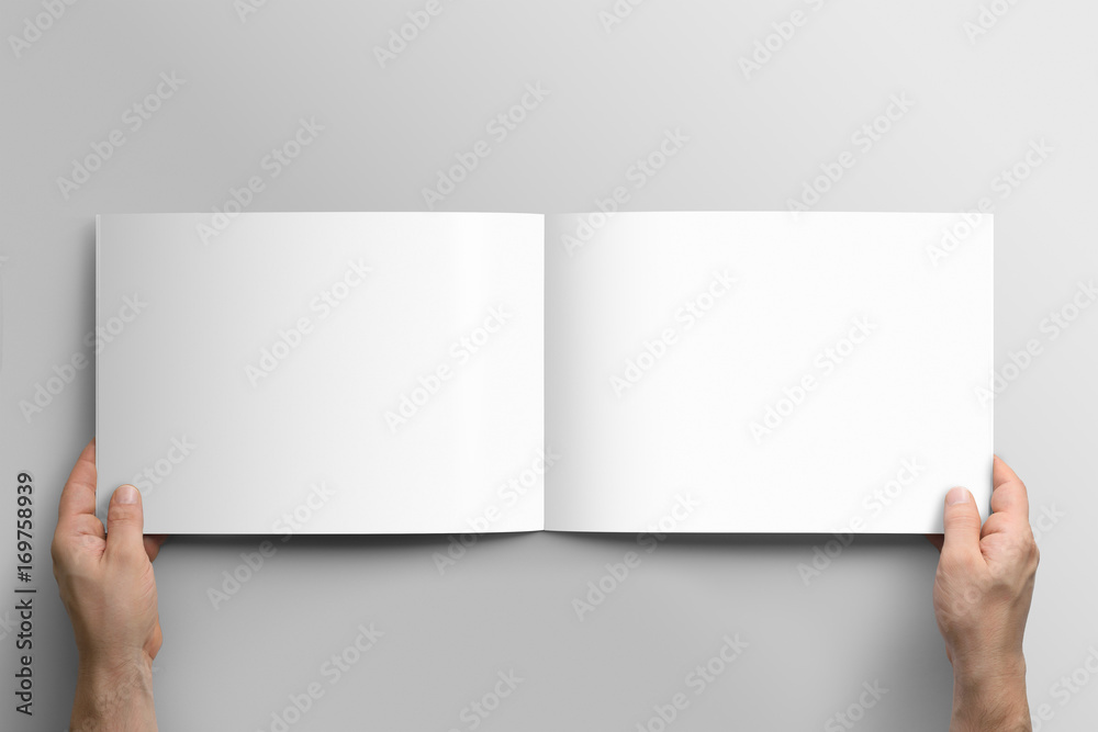 Blank A4 photorealistic landscape brochure mockup on light grey background. Blank A4 photorealistic landscape brochure mockup on light grey background.