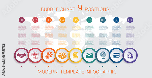 Charts infographic step by step 9 positions colorful bubbles
