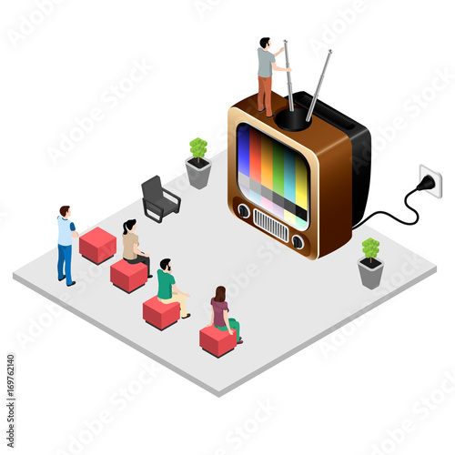 People watching TV, setting up a retro TV, an analog antenna