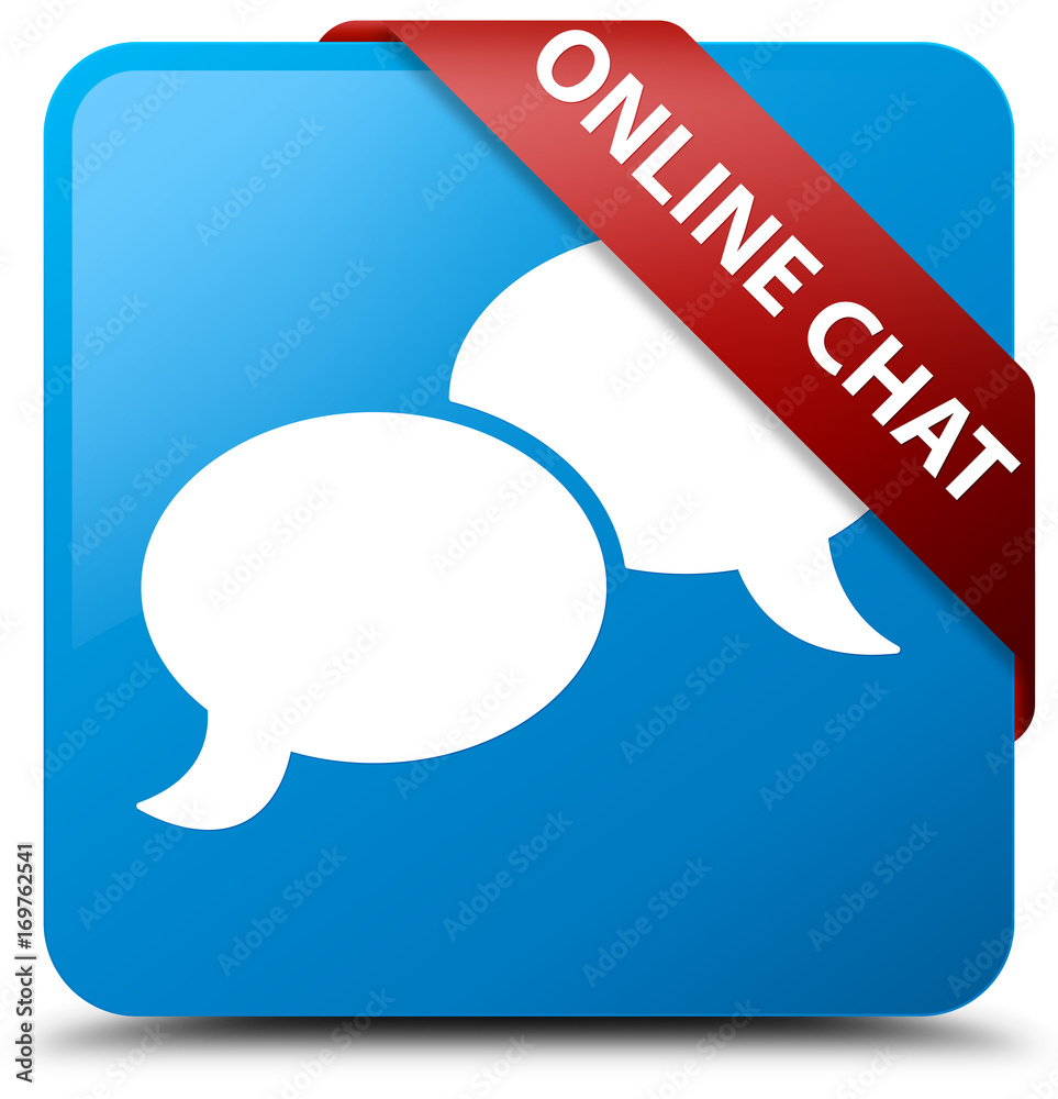 Online chat cyan blue square button red ribbon in corner Online chat cyan blue square button red ribbon in corner
