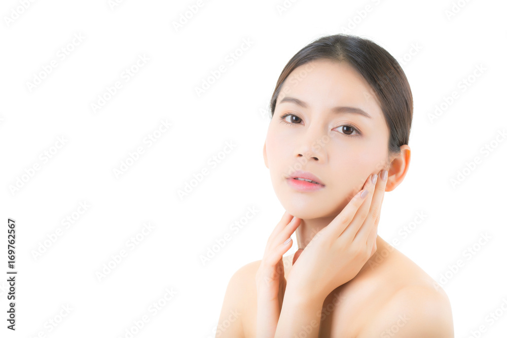 Beautiful girl with makeup, woman and skin care cosmetics concept / attractive asian girl smilling on face isolated on white background. Beautiful girl with makeup, woman and skin care cosmetics concept / attractive asian girl smilling on face isolated on white background.