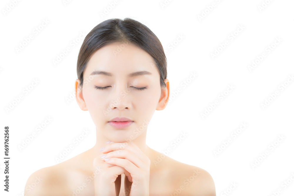 Beautiful girl with makeup, woman and skin care cosmetics concept / attractive asia girl smilling on face isolated on white background. Beautiful girl with makeup, woman and skin care cosmetics concept / attractive asia girl smilling on face isolated on white background.