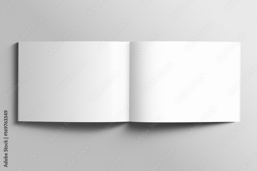 Blank A4 photorealistic landscape brochure mockup on light grey background.  - obrazy, fototapety, plakaty 