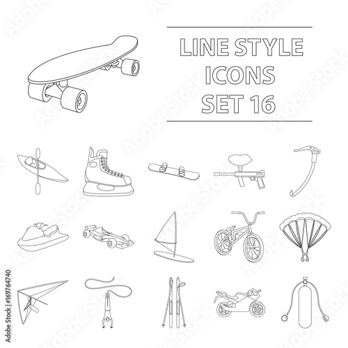 Motorcycle racing, downhill skiing, jumping, parachuting and other sports. Extreme sports set collection icons in outline style vector symbol stock illustration web. photo